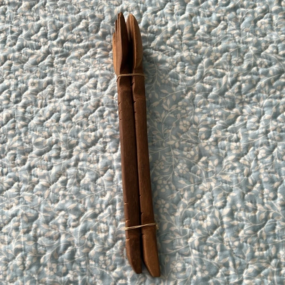 Vintage Brown Wooden Salad Server Set Spoon and Fork